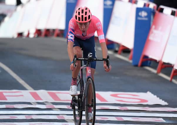 EF Pro Cycling’s Hugh Carthy crosses the finish line durining the 17th stage of the 2020 La Vuelta cycling tour of Spain (Getty Images)