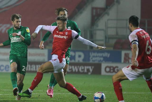 Preston North End’s Tom Barkhuizen goes close with a shot at the New York Stadium