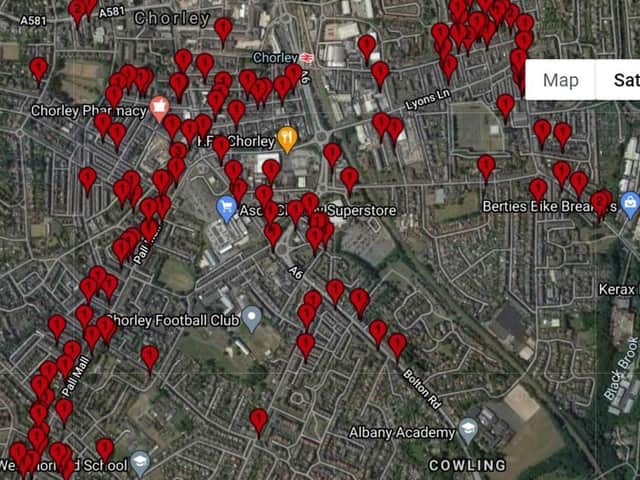 A map showing where casualties of the First World War lived in Chorley.
