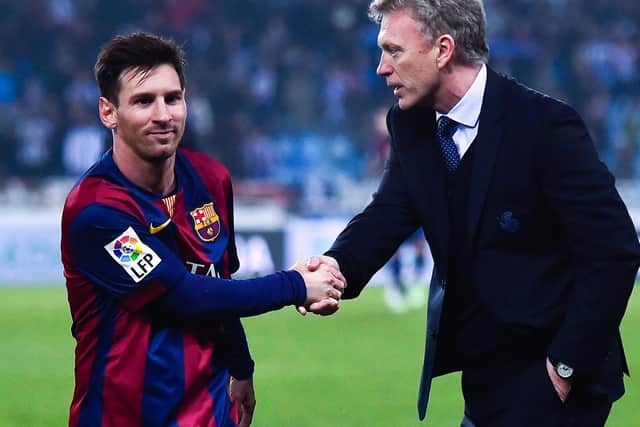 David Moyes with Barcelona's Lionel Messi