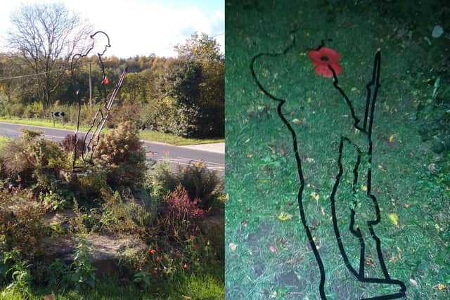 The "silent soldier" statue on Sheep Hill Brow as it looked on the morning of Armistice Day (left) - and laid low by mid-afternoon (right)