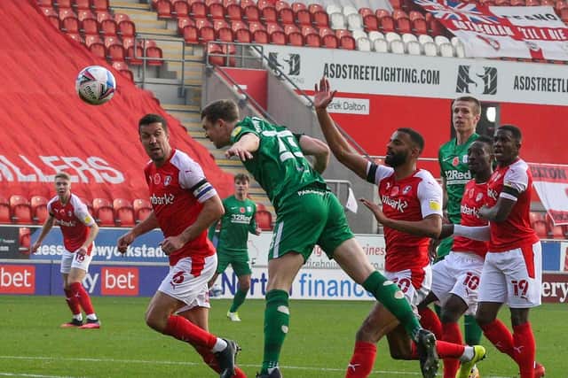 Paul Huntington gets in a header during PNE's game at Rotherham