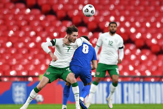 Alan Browne (left) battles for the ball with England's Harry Winks battle for the ball during the Republic of Ireland's 3-0 defeat at Wembley last week.