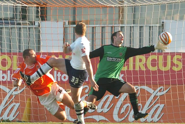 Neil Mellor scores for PNE against Blackpool at Bloomfield Road in November 2008