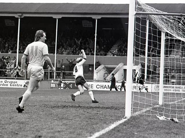 Terry Gray gives Preston North End the lead over Bury at Deepdale in November 1984