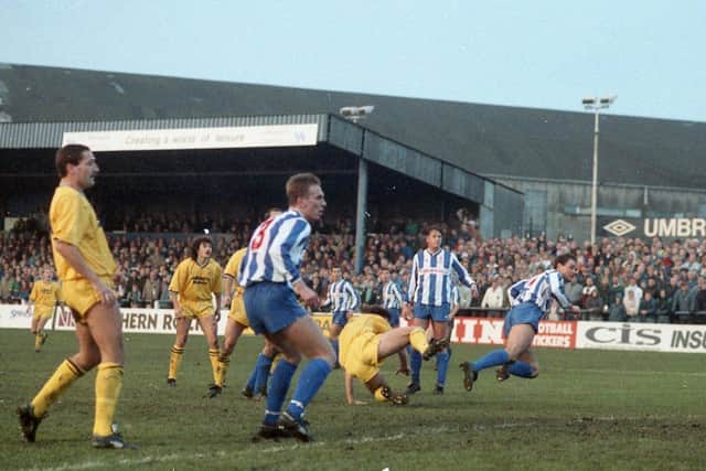 Goalmouth action from PNE's FA Cup defeat at Whitley Bay