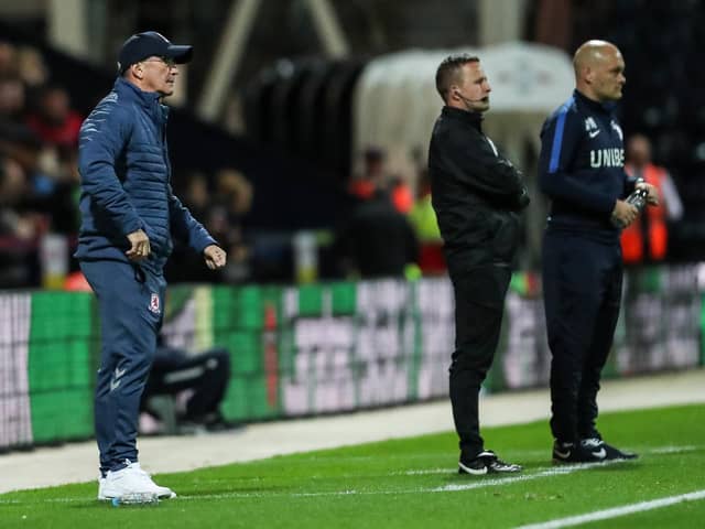 Tony Pulis and Alex Neil on the Deepdale touchline during Preston North End's Carabo Cup clash with Middlesbrough in 2018
