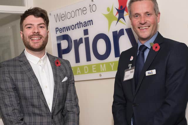 Jordan North with Penwortham Priory headteacher Matt Eastham.

Photo Andy Ford