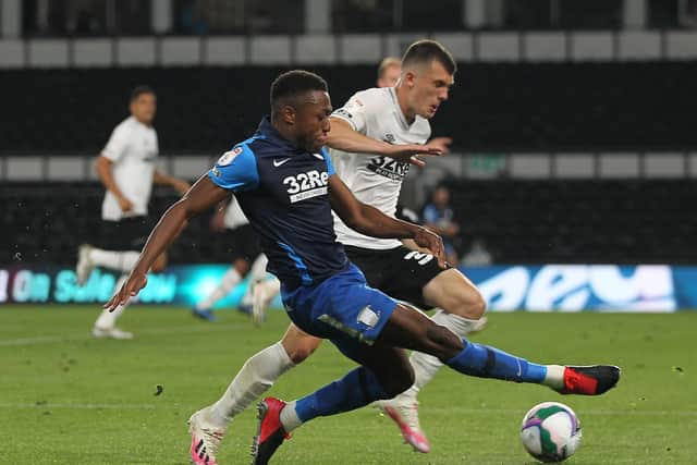 Preston North End right-back Darnell Fisher in action against Derby County earlier this season