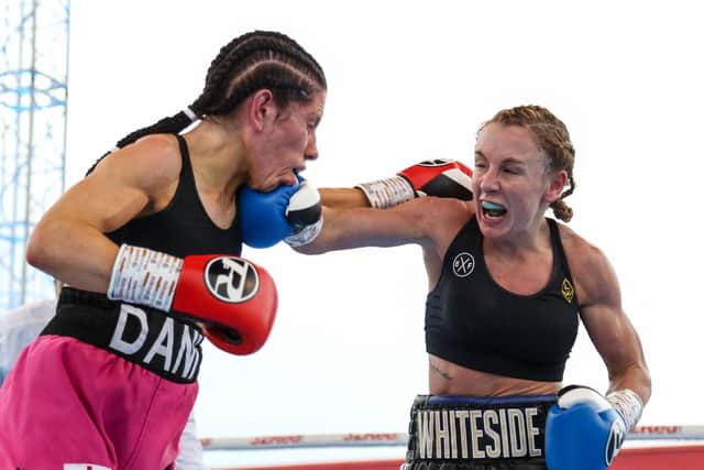 Lisa Whiteside (right) and Danni Hodges during their flyweight bout at The Lamex Stadium, Stevenage, in May 2019