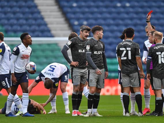 Josh Windass is sent off in PNE's 1-0 win over Sheffield Wednesday.