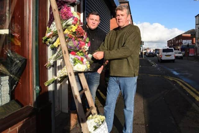 Arthur's old ladder has been adorned with flowers and will stand outside Uncle's Pawnbrokers on Ribbleton Lane