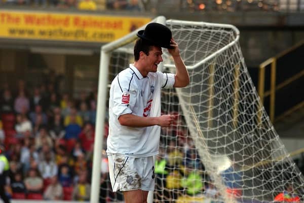 David Nugent celebrates his goal for Preston North End against Watfford at Vicarage Road in March 2005