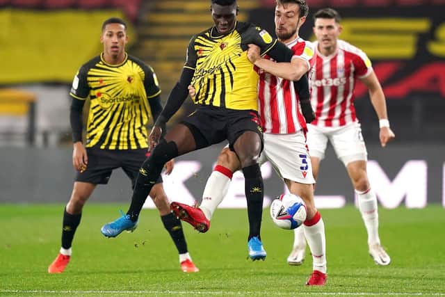 Watford winger Ismaila Sarr in action against Stoke City