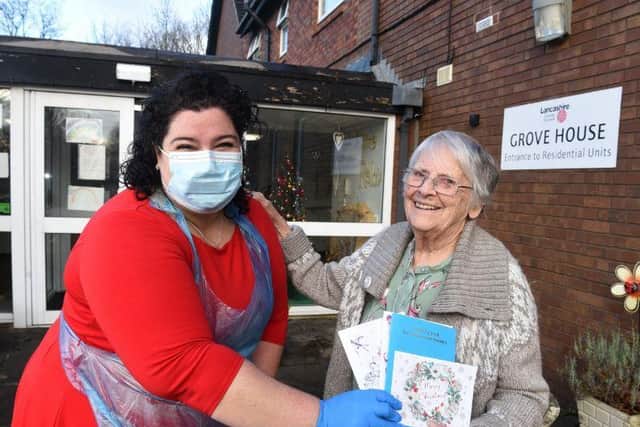 Resident Audrey Ellison with care manager Kirsty Durham, celebrating the new cards for kindness scheme