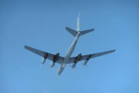 Ministry of Defence handout photo of one of two Russian Tupolev Tu-142 Bear F aircraft operating in international airspace near UK airspace that were intercepted by RAF Typhoons from RAF Lossiemouth.