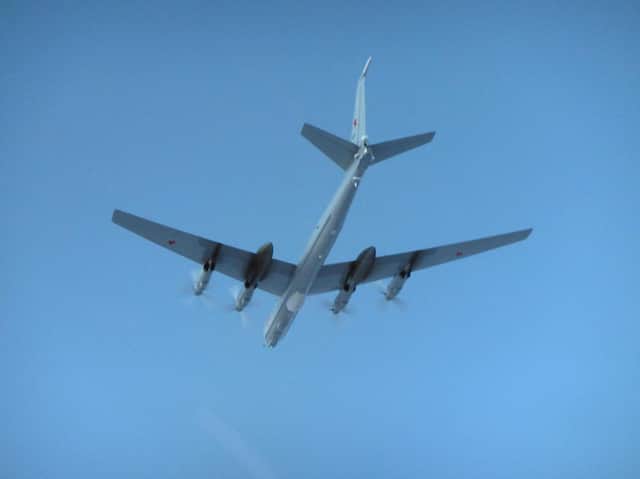 Ministry of Defence handout photo of one of two Russian Tupolev Tu-142 Bear F aircraft operating in international airspace near UK airspace that were intercepted by RAF Typhoons from RAF Lossiemouth.