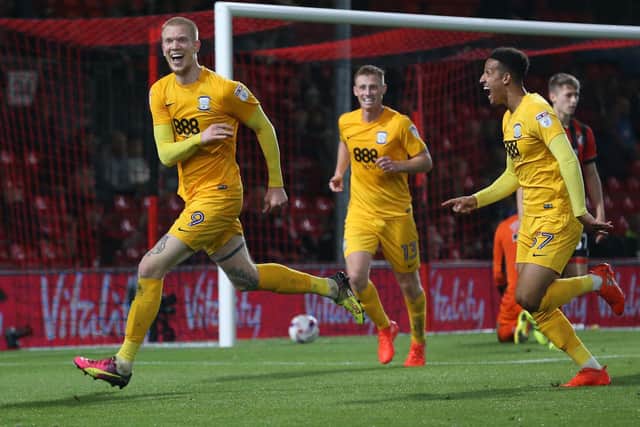 Simon Makienok celebrates scoring his hat-trick in Preston North End's win at Bournemouth in September 2016