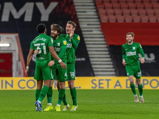 Scott Sinclair is congratulated after scoring Preston North End's second goal at Bournemouth