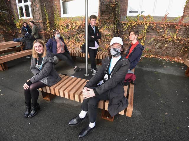 New landscaped area at Cardinal Newman College.  Pictured are Emily Lumby, Molly Bollington, Tom Dobson, Billy Hotchkiss and Zachary Rigby.