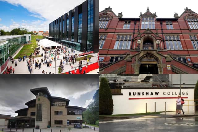 Clockwise from top left - the modern face of UCLan and one of its more traditional buildings in the form of the Harris;  Runshaw College;  Myerscough College