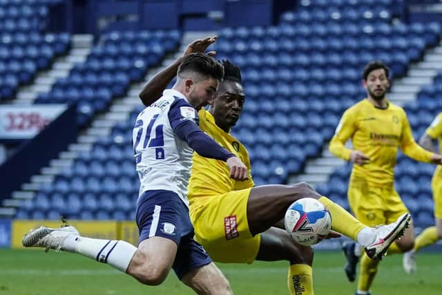 PNE striker Sean Maguire has a shot blocked