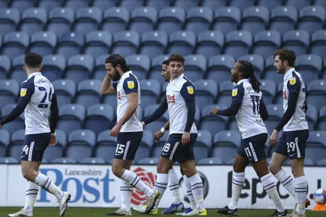 The Preston players celebrate Tom Barkhuizen's opening goal against Wycombe Wanderers at Deepdale