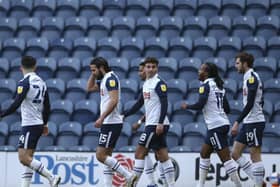 The Preston players celebrate Tom Barkhuizen's opening goal against Wycombe Wanderers at Deepdale