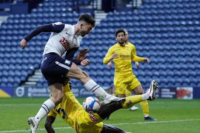 Sean Maguire sees a shot blocked during PNE's 2-2 draw with Wycombe at Deepdale