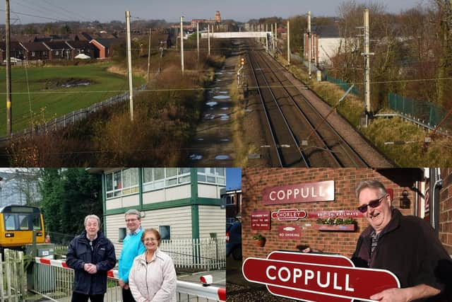 The West Coast Mainline near Coppull, which was last served by a station in 1969 (top);  Lancashire County Council member for highways Keith Iddon and South Ribble borough councillors Michael and Mary Green at Midge Hall station, which shut in 1961 (bottom left);  and Coppull resident and railway enthusiast Steve Hearne with an original station sign (bottom right)