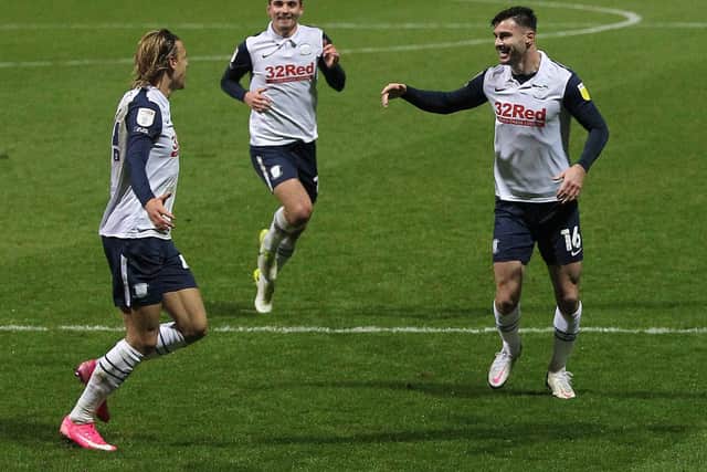Brad Potts (left) is congratulated by Andrew Hughes after giving Preston North End the lead against Middlesbrough at Deepdale