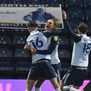 Brad Potts, Andrew Hughes and Ryan Ledson celebrate Preston North End's opening goal against Middlesbrough at Deepdale