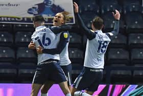 Brad Potts, Andrew Hughes and Ryan Ledson celebrate Preston North End's opening goal against Middlesbrough at Deepdale