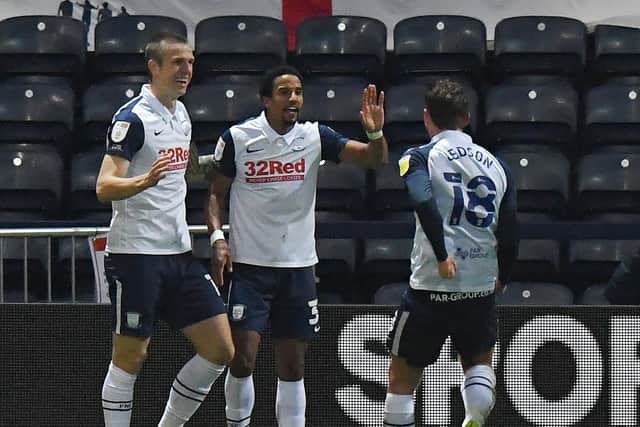 Scott Sinclair is congratulated by Emil Riis and Ryan Ledson after PNE's second goal against Middlesbrough