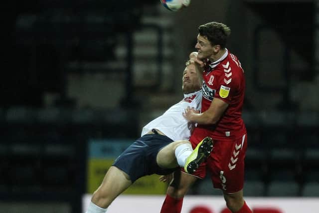 PNE striker Jayden Stockley battles against Middlesbrough defender Dael Fry