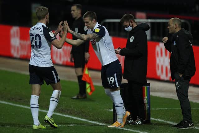 Preston North End striker Emil Riis replaces Jayden Stockley during Preston North End's win against Middlesbrough at Deepdale