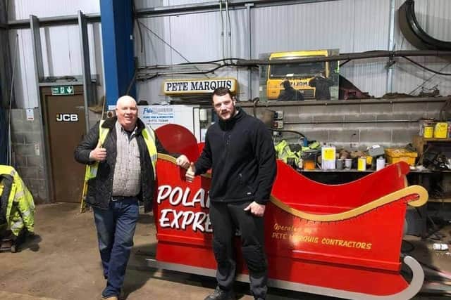 Kirkham boxer Bill Hodgson (right) will pull a 500kg sleigh made by friend Pete Marquis (left) for 26 miles, to raise money for a variety of Lancashire charities this Christmas. Photo: Bill Hodgson