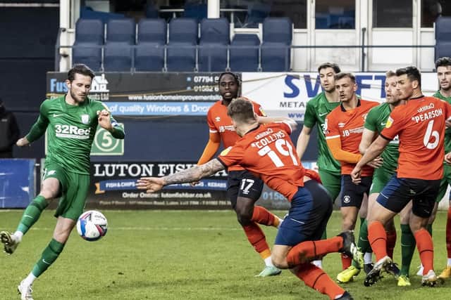PNE midfielder Alan Browne fires over from a corner in the first half against Luton