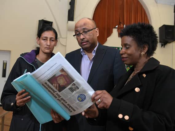 Campaigners Sekeena Muncey (left) and Glenda Andrew with Preston MP Sir Mark Hendrick.