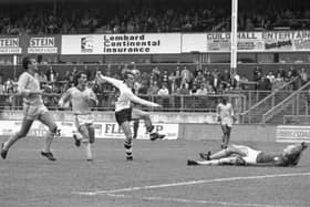 Nigel Greenwood scores for Preston North End against Torquay United at Deepdale in September 1985