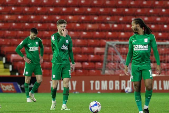 Preston North End's players look disappointed after conceding the equaliser against Barnsley