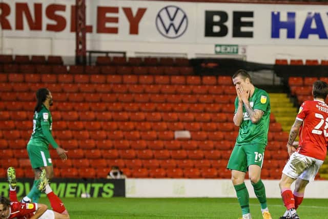 PNE striker Emil Riis shows his disappointment at missing a one-on-one at Barnsley