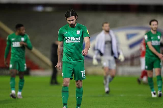 PNE substitute Joe Rafferty looks dejected at the final whistle at Barnsley