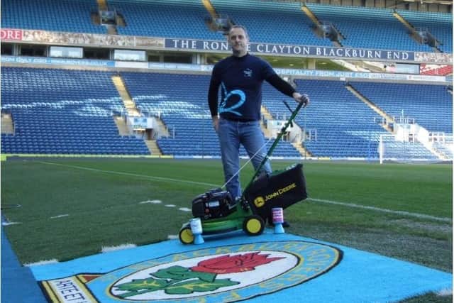 Andy after completing his World Record mow around Ewood Park