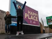 Jordan North's nephews (l-r) Seb and Austin outside the billboard at Turf Moor, Burnley. Photo: Kelvin Stuttard