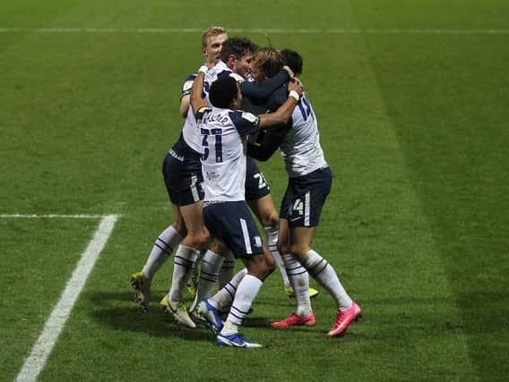 Preston's player celebrate scoring against Middlesbrough last time out at Deepdale.