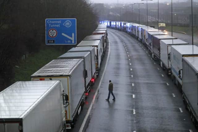 Hauliers queuing on the M20 near Dover after the French decided to close their borders to UK vehicles following the emergence of a new strain of coronavirus