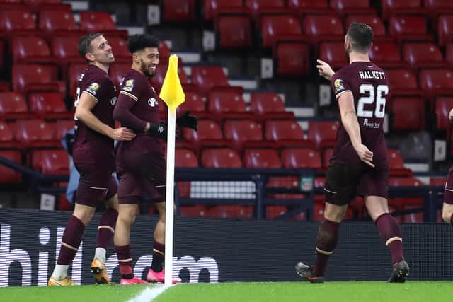Josh Ginnelly (centre) was on target for Hearts in the Scottish Cup final against Celtic