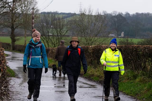 Lancashire's High Sheriff Catherine Penny, (pictured far right) steps out on the latest stage of her fundraising walk for the North West Air Ambulance, accompanied by husband Andrew and her p.a. Jude  Turner   Photo:Kelvin Stuttard