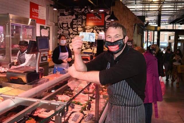 Butcher Sam Livesey at his counter in Preston Markets during the national "Fiver Fest" campaign in October 2020
